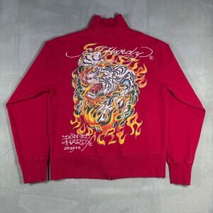 Ed Hardy Christian Audigier Vintage Y2K Red Tiger Flame Zip Up Sweatshirt Mens M